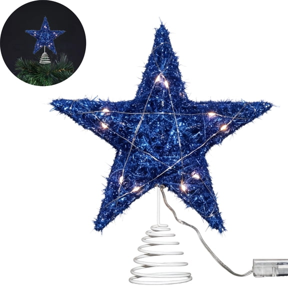 Gogcaro Christmas Star for Tree, Blue Light-up Glittered Star Tree Topper with Sparkling Yarn, 9.84" x 7.87"