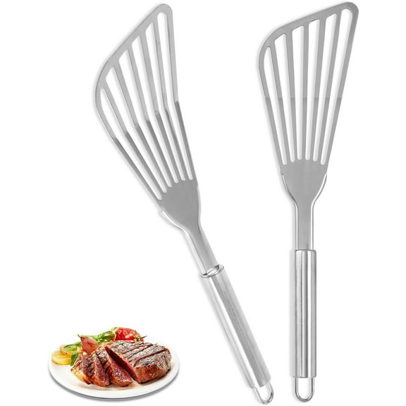 Gogcaro Fish Spatula Stainless Steel Combo, 2PCS Fish Turner Spatula, Metal Spatula for Kitchen Use, Slotted Spatulas, Frying Spatula with Thin Edge Ideal for Turning & Flipping