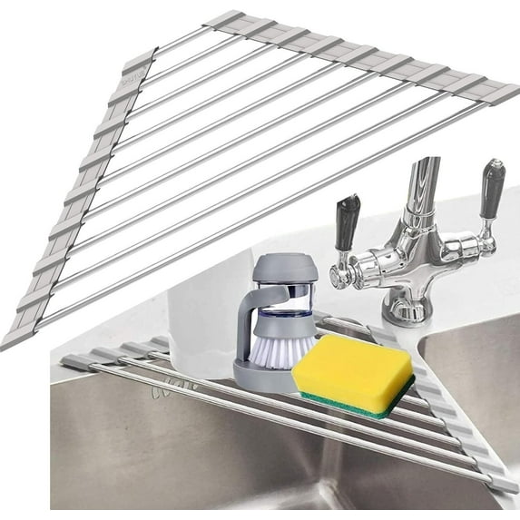 Gogcaro Foldable Stainless Steel Triangle Roll-Up Dish Drying Rack for Small Sink Corners - Over The Sink Multipurpose Kitchen Drainer, Rustproof Organizer, Trivet and Shelf - Space Saving (Gray)