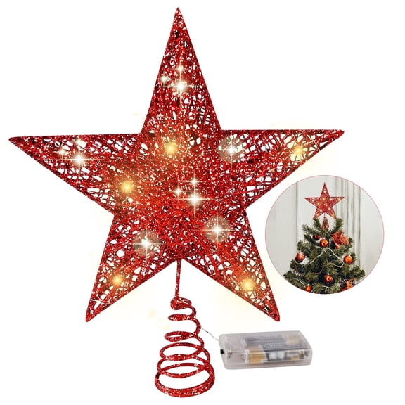 Gogcaro Glittering Red LED Lights Five-Pointed Star 25cm×20cm Christmas Tree Topper - Perfect for Christmas Tree Decorations