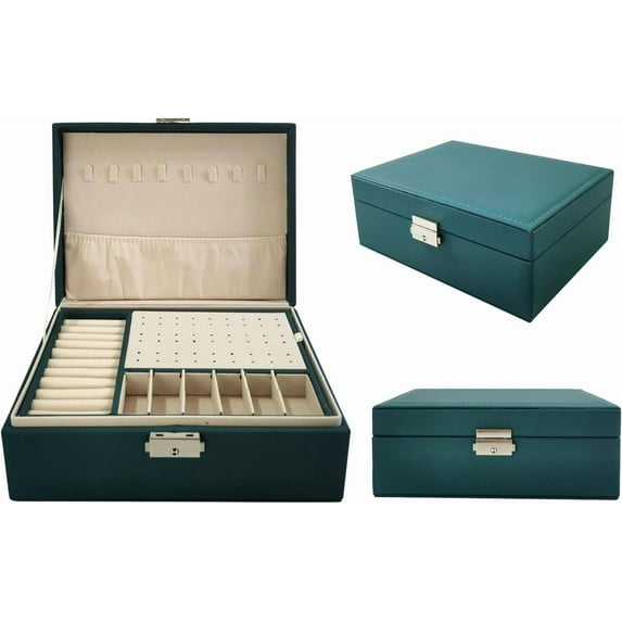 Gogcaro Green Jewelry Box 2 Layer Jewelry Box 10.4 x 7.7 x 3.9 Inches Jewelry Organizer Tray for Earrings Bracelets Rings Watches (Green)