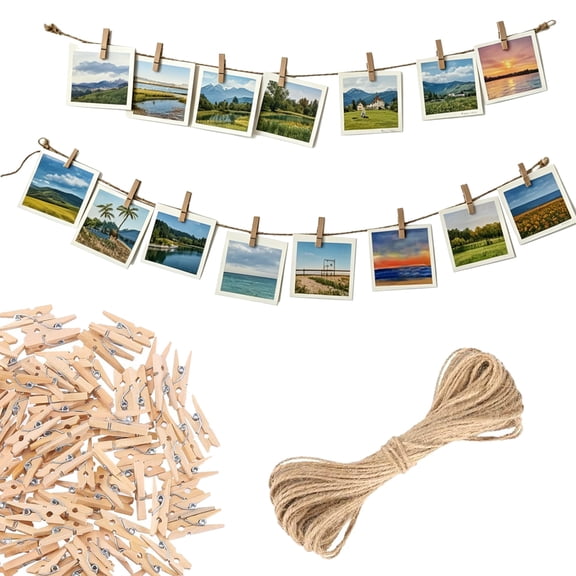 Gogcaro Mini Wooden Clothespins with String, 50 Pcs Brown Craft Clips, 1.4 in Photo Holder Hanging Clips for DIY Craft, Wedding Party Decor, Classroom Projects, Photo Wall