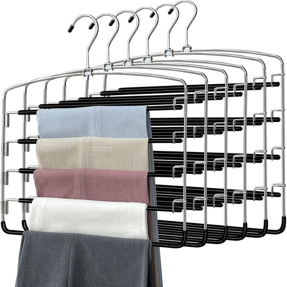 Gogcaro Pants Hanger 5 Tier Swing Arm | Space Saving Clothing Hangers with Foam Padding, Removable Arms, Heavy Duty Metal, Space Saving | 6 Pack
