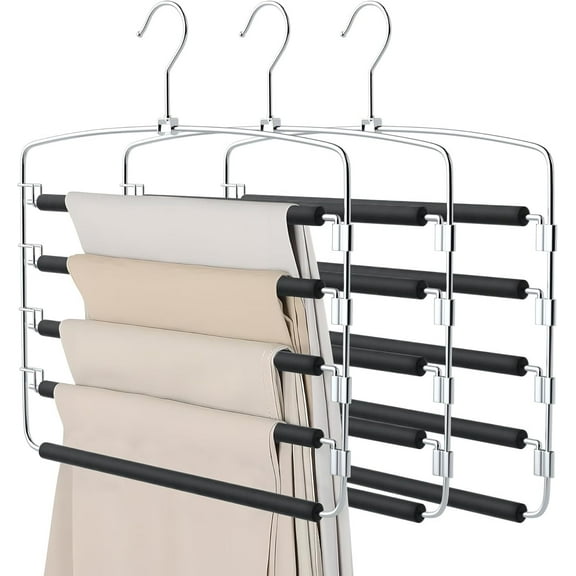 Gogcaro Pants Hangers 5 Layers Stainless Steel Non-Slip Foam Padded Swing Arm Space Saving Clothes Slack Hangers Closet Storage Organizer for Pants Jeans Trousers Skirts Scarf Ties Towels (3 Pack)