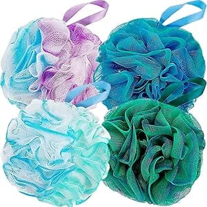 Gogcaro Shower Loofahs Exfoliating Sponge Body Scrubber, Shower Scrunchies Bathing Sponges, 4 Pieces with Bath Puffs, Random Color