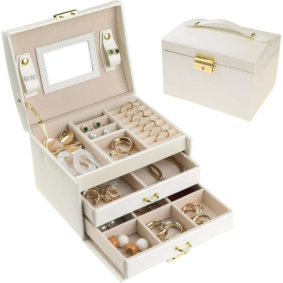 Gogcaro Synthetic Leather Jewelry Box Mirrored Watch Organizer Necklace Ring Earring Storage Lockable Gift Case (White)