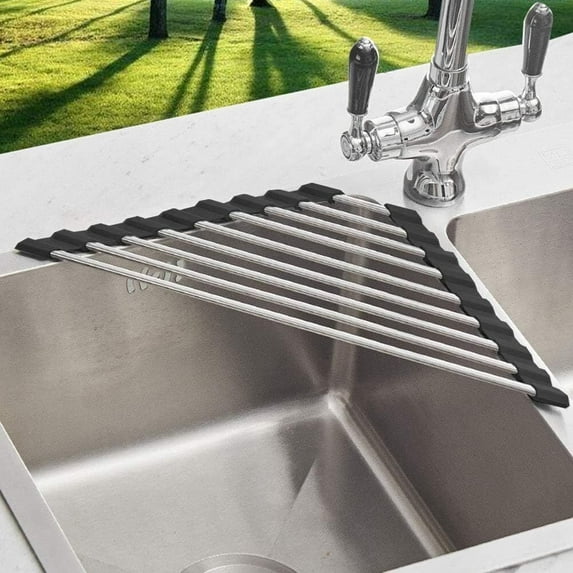 Gogcaro Triangle Dish Drying Rack for Sink Corner Roll-Up Dish Drying Holder Foldable Stainless Steel Over The Sink Corner Dish Drainer Mat Space Saving Sink Corner Shelf for Kitchen