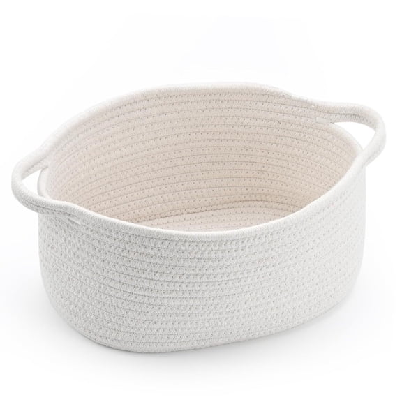 Gogcaro Woven Basket,Small Rope Storage Bin with Handles, Organizer for Shelves Closets,Gift Basket Empty for Birthday, Books, Decorative Organizer Box for Spring Home Refresh, White