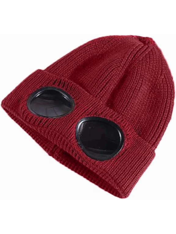 Goggle Beanie Hat, Winter Knit Skull Cap with Soft Fleece Lined