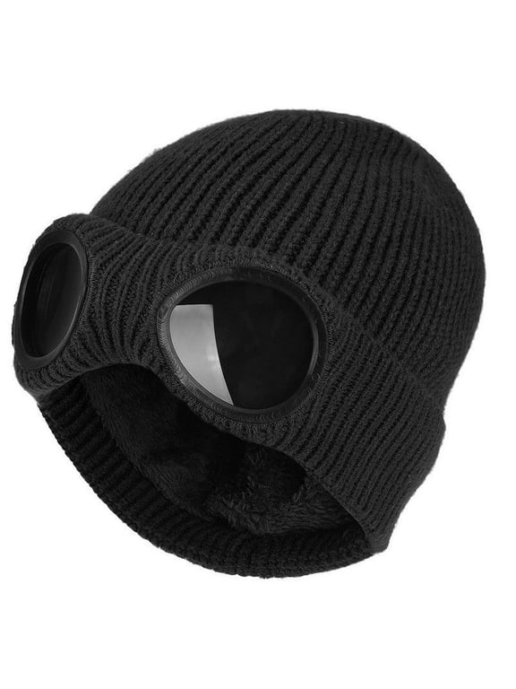 Goggle Hat, Beanie Style with Ribbed Knit Cuff for Winter - Unisex Black