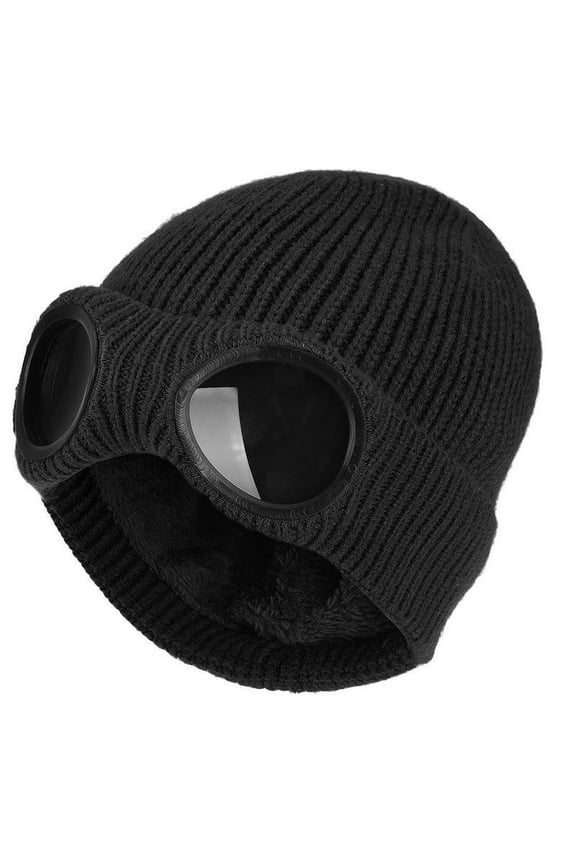 Goggle Hat, Beanie Style with Ribbed Knit Cuff for Winter - Unisex Black