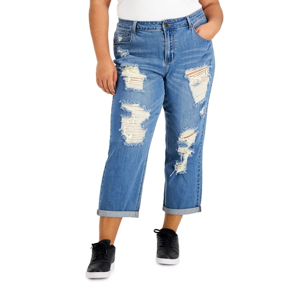 Gogo Jeans Trendy Plus Size High Rise Destructed Ex Boyfriend Jeans Medium Dark 20W