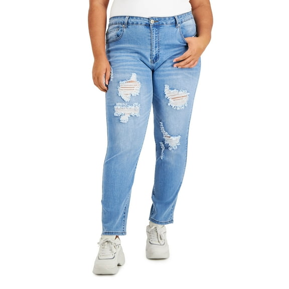 Gogo Jeans Trendy Plus Size High Rise Destructed Straight Leg Jeans Medium Light 16W