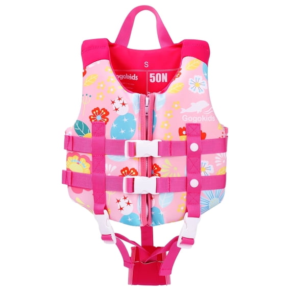 Gogokids Kids Swim Vest Life Jacket Flotation Swimming Aid with Adjustable Safety Strap Age 1-9 Years/22-50Lbs,Flower Pink S
