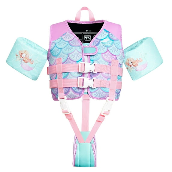 Gogokids Kids Swim Vest Life Jacket,Toddler Floaties Jackets with Armbands, Swimming Training Wing Arm with Crotch Strap for 30-70 lbs Girls Boys, Pink Mermaid(2-6 Years)