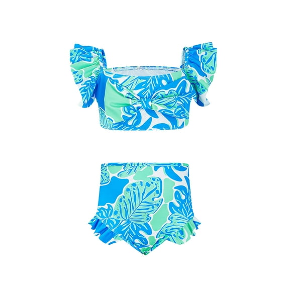 Gogokids UV Protection Female Swimsuit Sets, Polyester, Green Flower, 100