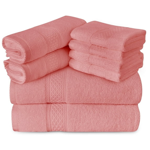 Gogreen 100% Cotton Bath Towel Sets of 8 Pieces, 2 Bath Towels 2 Hand Towels 4 Washcloths, Highly Absorbent Towels for Bathroom, Gym, Hotel (Pink Coral)