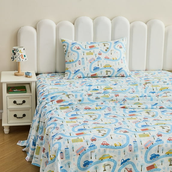 Gogreen 3PC Twin Sheet Set Deep Pocket Fit 14", Breathable Microfiber Soft Twin Sheet Set Warm Sheets, Luxury Hotel Style Home Decor Twin Bed Sheet Set, Gift for Women, Men (Little Car, Twin)