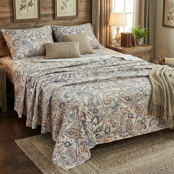 Gogreen 4-Piece Paisley Printed Queen Size Deep Pocket Fitted Sheet Set Breathable Microfiber Bedsheets