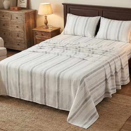 Gogreen Gray Striped Queen sheet set with Deep Pocket Fitted Sheet Set, Breathable Microfiber Printed Bedsheets