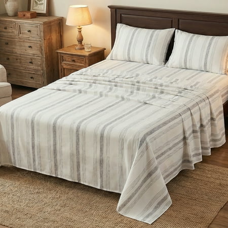 Gogreen Gray Striped Queen sheet set with Deep Pocket Fitted Sheet Set, Breathable Microfiber Printed Bedsheets