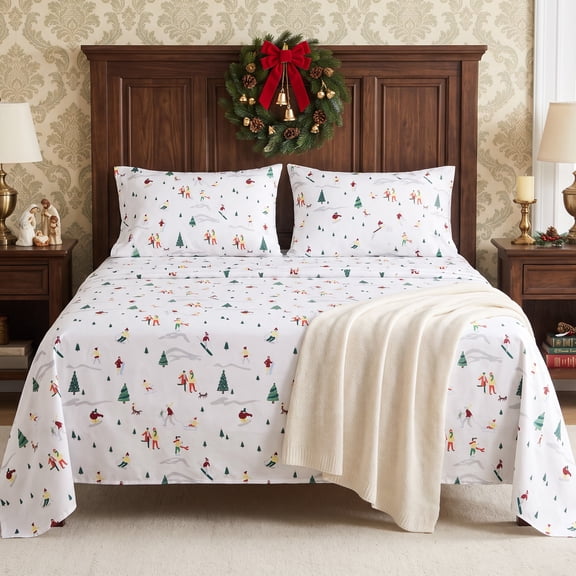 Gogreen Christmas Full Sheet Set 4-Piece, Soft Brushed Microfiber Bed Sheets Deep Pocket, Fade & Wrinkle Resistant Holiday Bedding (Alpine Ski )