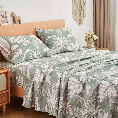 Gogreen 4PC Deep Pocket Twin Sheet Set Fit 14", Breathable Microfiber Super Soft Twin Size Sheet Set, Luxury Hotel Style Home Decor Twin Bed Sheet Set, Gift for Women, Men - Green Leaves
