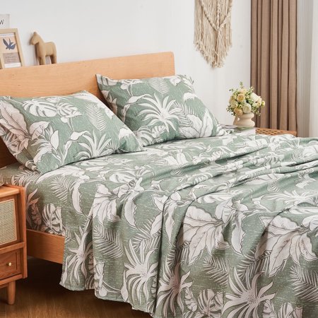 Gogreen 4PC Deep Pocket Twin Sheet Set Fit 14", Breathable Microfiber Super Soft Twin Size Sheet Set, Luxury Hotel Style Home Decor Twin Bed Sheet Set, Gift for Women, Men - Green Leaves