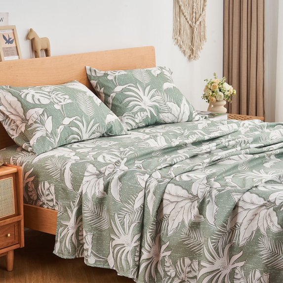 Gogreen 4PC Deep Pocket Twin Sheet Set Fit 14", Breathable Microfiber Super Soft Twin Size Sheet Set, Luxury Hotel Style Home Decor Twin Bed Sheet Set, Gift for Women, Men - Green Leaves