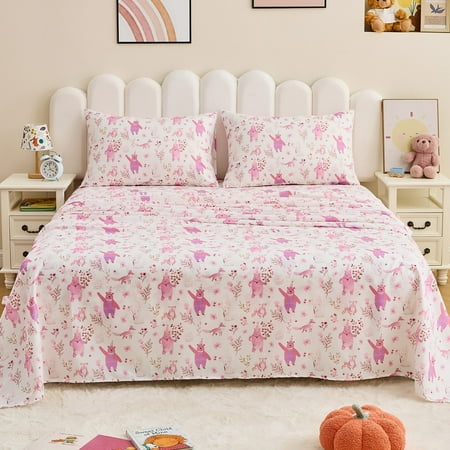 Gogreen 4PC Full Sheet Set Deep Pocket Fit 14", Breathable Microfiber Soft Full Sheet Set Warm Sheets, Luxury Hotel Style Home Decor Full Bed Sheet Set, Gift for Women, Men (Pink Bear, Full)
