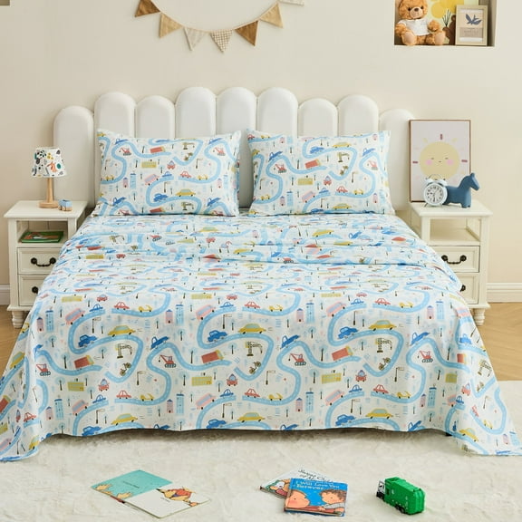 Gogreen 4PC Full Sheet Set Deep Pocket Fit 14", Breathable Microfiber Soft Full Sheet Set Warm Sheets, Luxury Hotel Style Home Decor Full Bed Sheet Set, Gift for Women, Men (Little Car, Full)