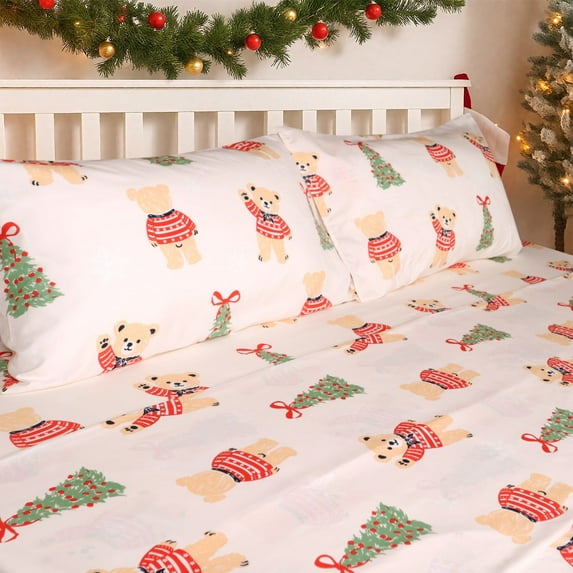 Gogreen 4PC Queen Christmas Sheet Set Deep Pocket Fit 16", Breathable Microfiber Soft Queen Sheet Set Warm Sheets, Luxury Hotel Style Christmas Decor Queen Bed Sheet Set, Christmas Gift