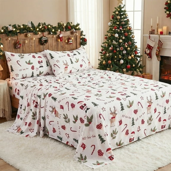 Gogreen Cute Print Christmas Sheets Queen Size Bed Sheets Set With Deep Pocket Fit 16", Breathable Soft Microfiber, Christmas Bedroom Decor Christmas Gift For Women