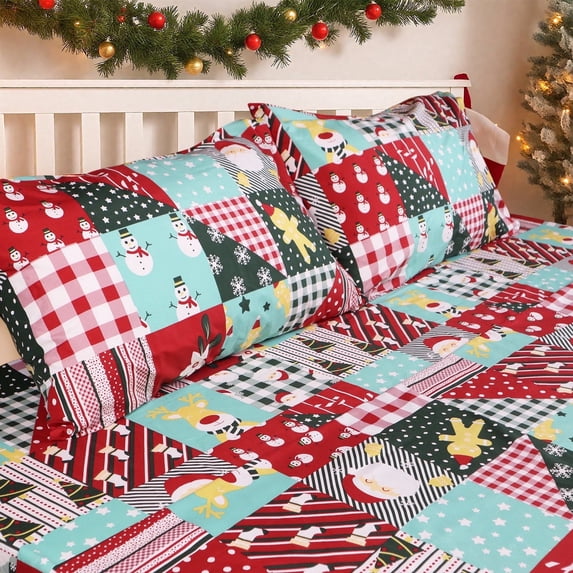 Gogreen Christmas Queen Sheet Set 4-Piece, Microfiber Bed Sheets Deep Pocket, Soft Breathable Wrinkle Resistant Holiday Bedding(Christmas Cartoon)