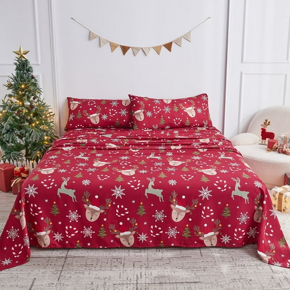 Gogreen 4PC Christmas Sheet Queen Deep Pocket Fit 16", Breathable Microfiber Super Soft Christmas Bed Sheets Set, Luxury Hotel Style Christmas Decor , Christmas Gift for Women, Men - Christmas Elk