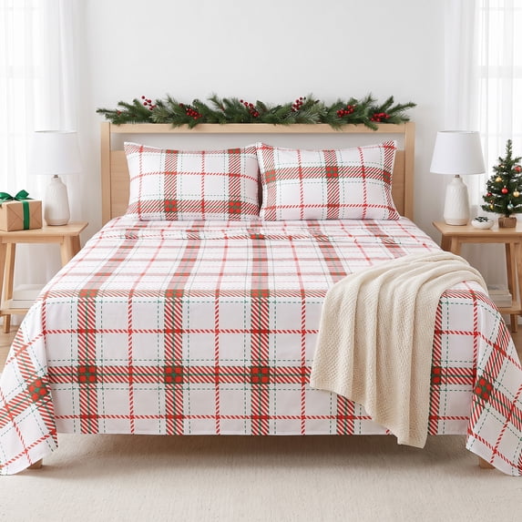 Gogreen Christmas Queen Sheet Set 4-Piece, Microfiber Bed Sheets Deep Pocket, Soft Breathable Wrinkle Resistant Holiday Bedding(Christmas Forest)