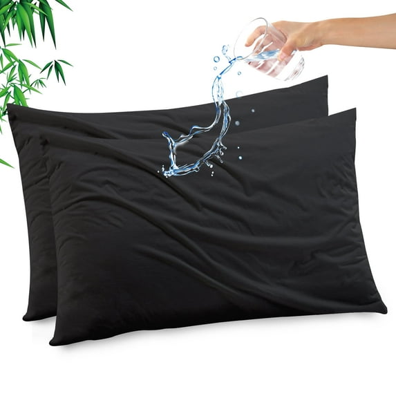 Gogreen Bamboo Rayon Waterproof Pillow Protector, Breathable Pillow Cover, Cooling Pillow Case Protector with Zipper, Super Soft Pillow Case Cover with Zipper (2 Packs, Queen 20"x30", Black)