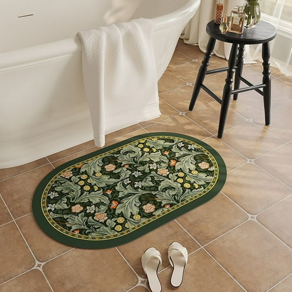 Gogreen Bath Mat - Bathroom Mat Rug Non Slip Super Absorbent Stain Resistant Quick Dry Thin Bathroom Rug-Bath Mats for Bathroom Floor Bathtub Vanity-Bathmat Bath Rug Easy Care (Green Flower, 16"x24")