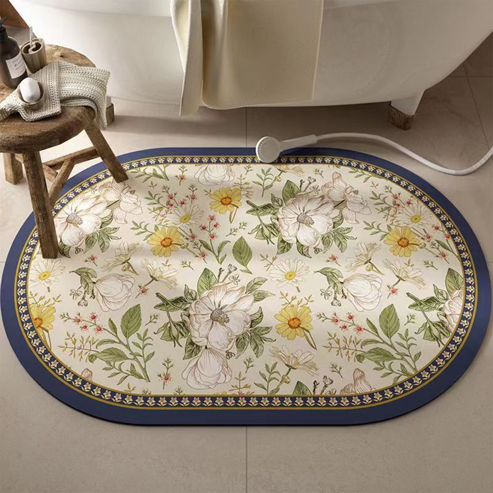 Gogreen Bath Mat - Bathroom Mat Rug Non Slip Super Absorbent Stain Resistant Quick Dry Thin Bathroom Rug-Bath Mats for Bathroom Floor Bathtub Vanity-Bathmat Bath Rug Easy Care (White Flower, 24"x36")