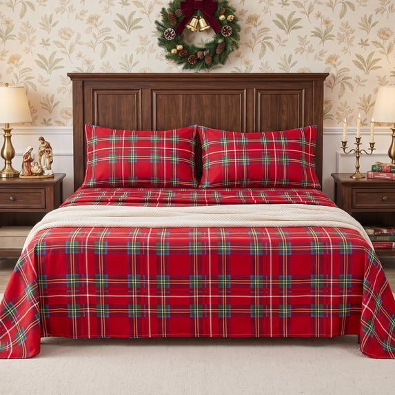 Gogreen Christmas Full Sheet Set 4-Piece, Microfiber Bed Sheets Deep Pocket, Soft Breathable Wrinkle Resistant Holiday Bedding(Christmas Plaid)