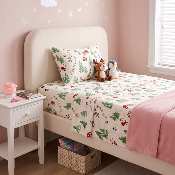 Gogreen Christmas Twin Sheet Set 3-Piece, Microfiber Bed Sheets Deep Pocket, Soft Breathable Wrinkle Resistant Holiday Bedding(Cartoon House)