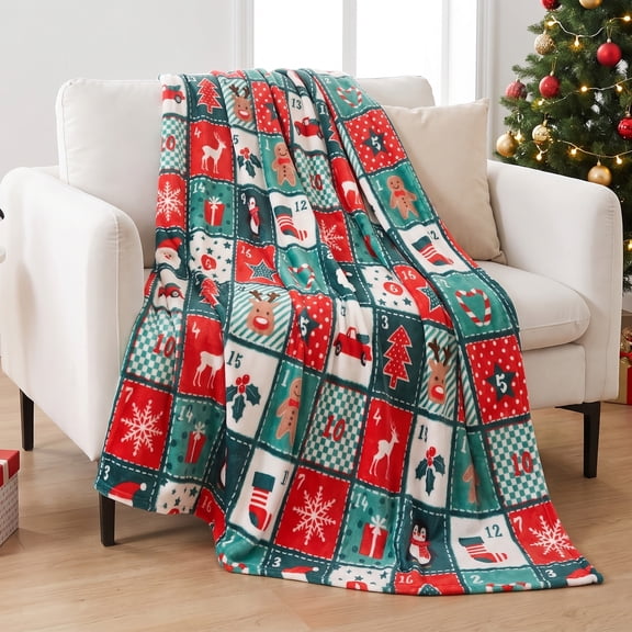 Gogreen Christmas Flannel Throw Blanket, 50"x60" 300GSM Soft Microfiber Cozy Fleece Blanket for Couch Bed, Holiday Decor - Christmas Cartoon Plaid