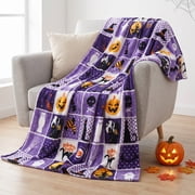 Gogreen Halloween Flannel Throw Blanket, 50"x60" 300GSM Soft Microfiber Cozy Fleece Blanket for Couch Bed, Holiday Decor - Halloween Purple Plaid