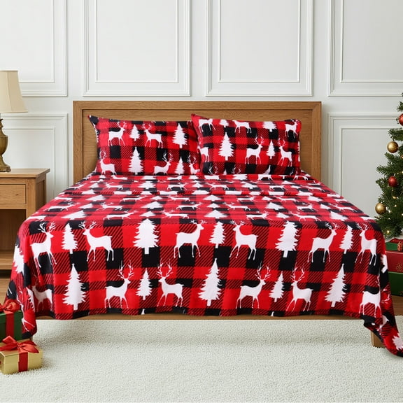 Gogreen Flannel Sheet Set Christmas Printed 4PC Deep Pocket Full Sheet Set Fit 16", Breathable Super Soft Full Size Sheet Set, Luxury Hotel Style Home Decor Full Bed Sheet Set, Gift for Women, Men