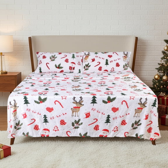 Gogreen Flannel Sheet Set Christmas Printed 4PC Deep Pocket Full Sheet Set Fit 16", Breathable Super Soft Full Size Sheet Set, Luxury Hotel Style Home Decor Full Bed Sheet Set, Gift for Women, Men