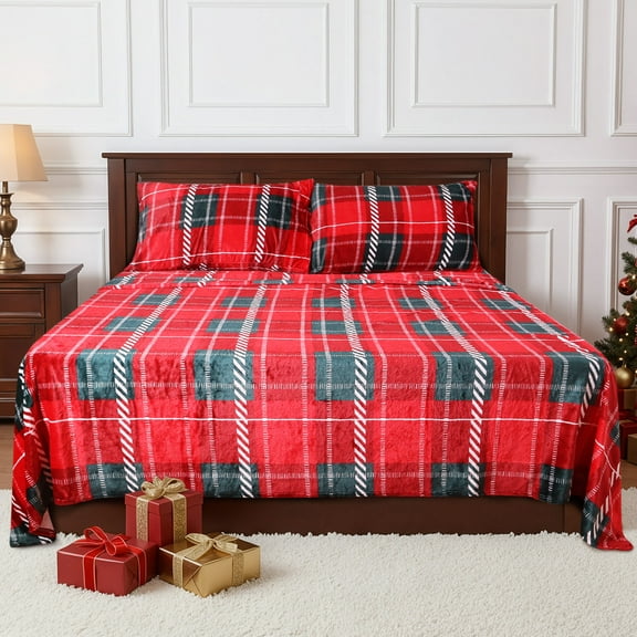 Gogreen Flannel Sheet Set Christmas Printed 4PC Deep Pocket King Sheet Set Fit 16", Breathable Super Soft King Size Sheet Set, Luxury Hotel Style Home Decor King Bed Sheet Set, Gift for Women, Men