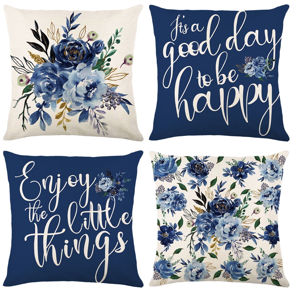 Gogreen  Phantoscope New Living Series Duplex Printing Decorative Throw Pillow Covers, 18" x 18", Blue Flower, Set of 4