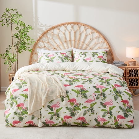 Gogreen King Duvet Cover Floral, Soft & Breathable Microfiber 3 Pieces King Bedding Sets, Pattern King Comfy Duvet Cover, with Zipper Closure (Flamingo, King)