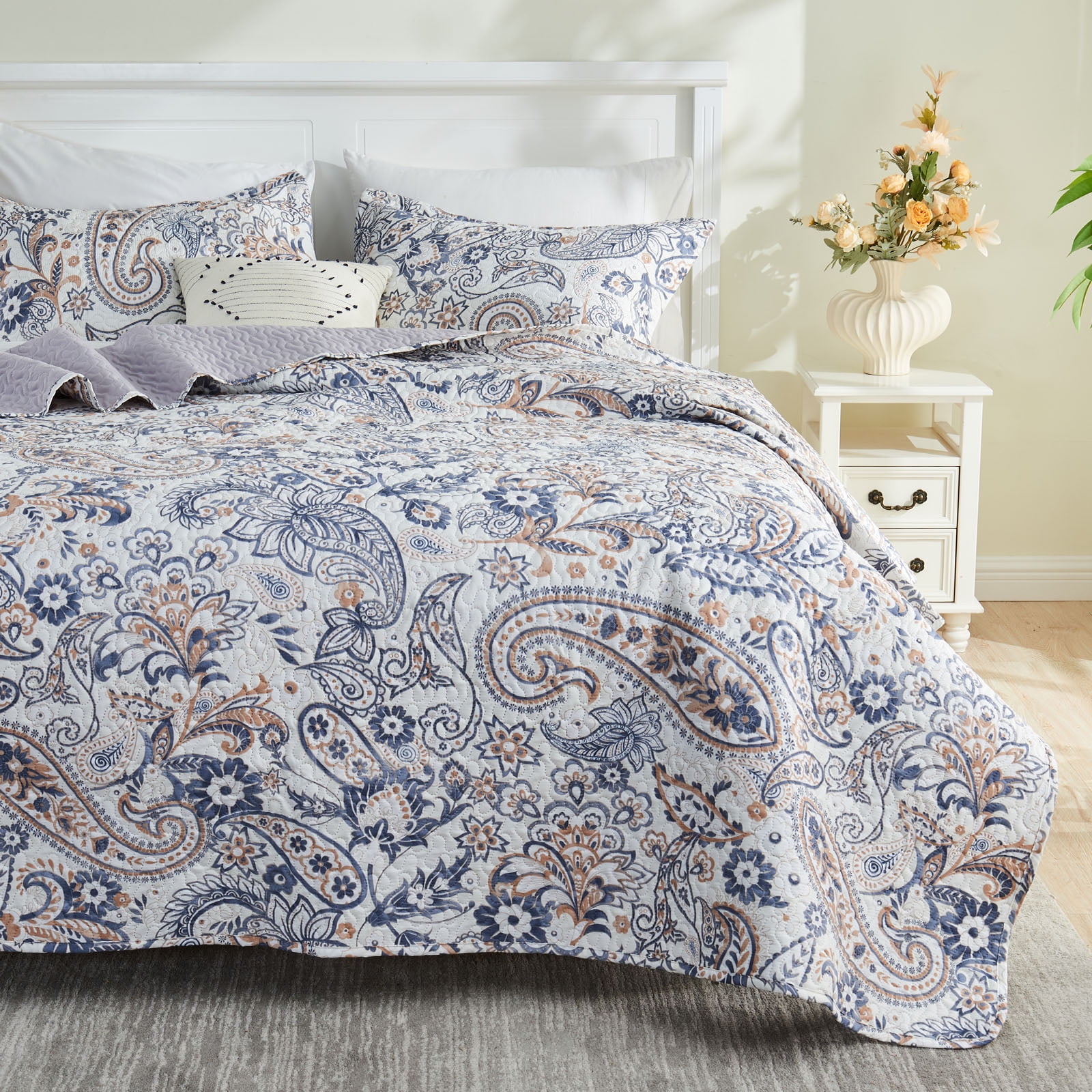 Gogreen Luxury Printed Quilt Set Queen Size, Lightweight Comforter Set, Oversized Bedspread Coverlet Quilted Bedding Set, with 2 Matching Pillowcases, for All Season