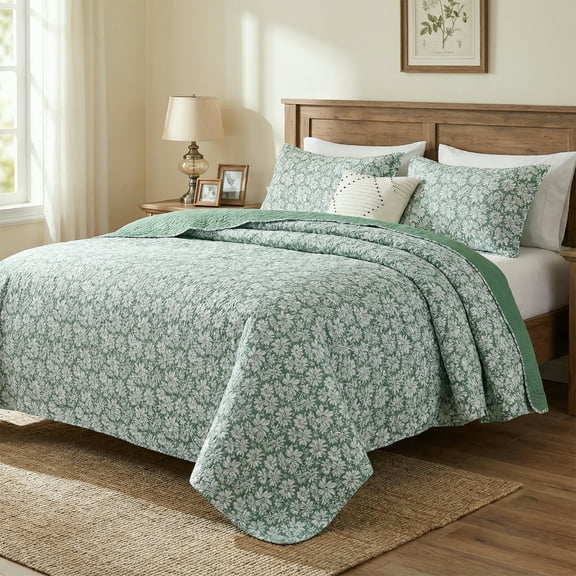 Gogreen Luxury Printed Quilt Set Queen Size, Lightweight Comforter Set, Oversized Bedspread Coverlet Quilted Bedding Set, with 2 Matching Pillowcases, for All Season